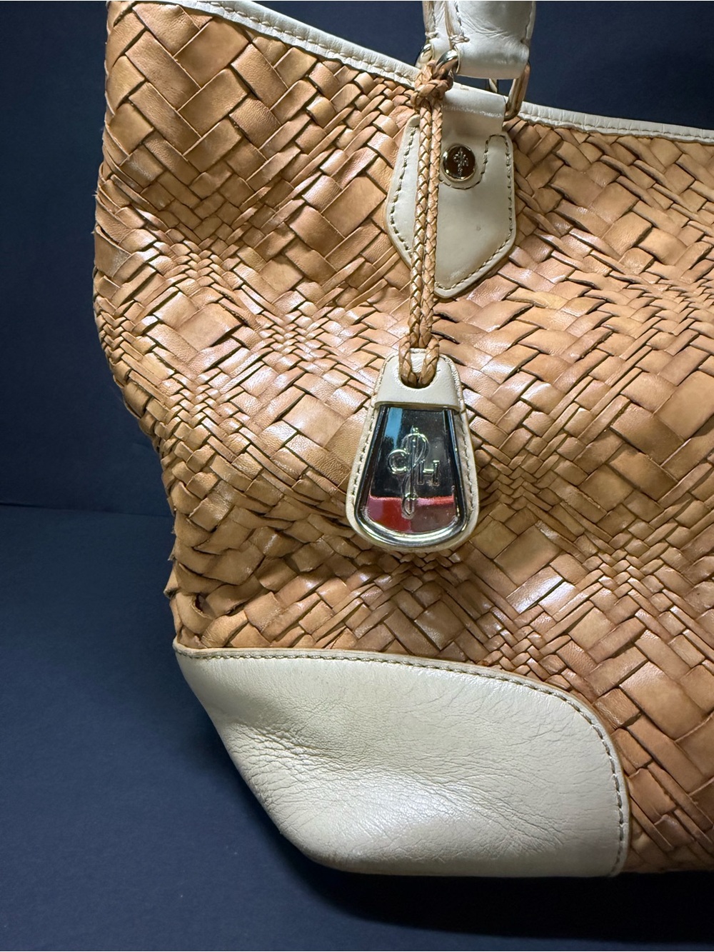 Cole Haan Woven Leather Tote Bag in Tan and Cream - Picture 2 of 4